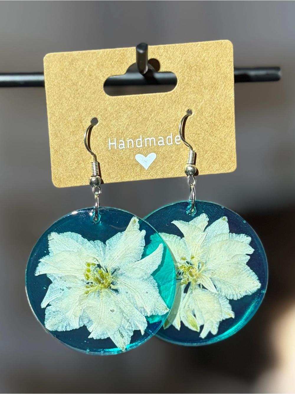 Handmade Teal Resin Earrings with Preserved White Flowers